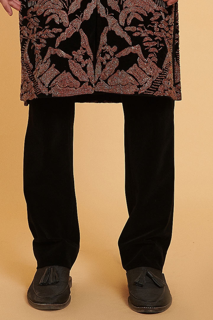 Black Velvet Patch Work Groom Sherwani Set by Siddartha Tytler Men at Pernia's Pop Up Shop