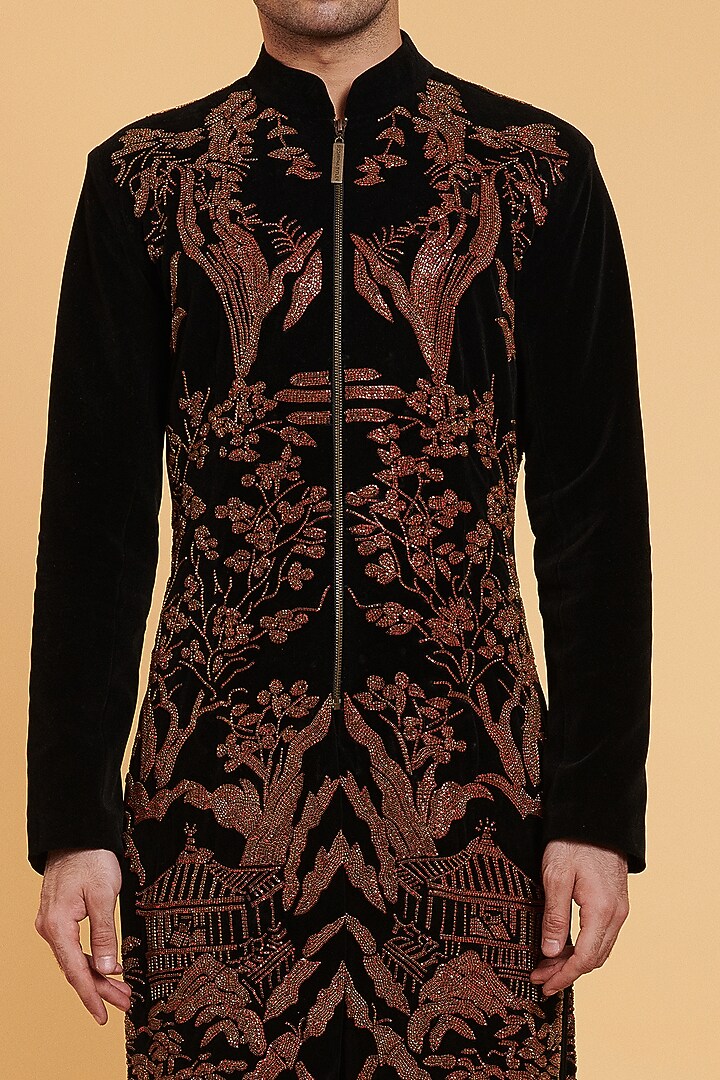 Black Velvet Patch Work Groom Sherwani Set by Siddartha Tytler Men at Pernia's Pop Up Shop