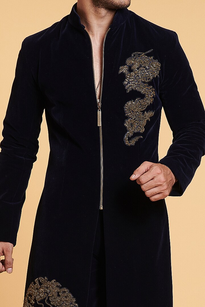 Black Velvet Crystal Chain Embroidered Groom Sherwani Set by Siddartha Tytler Men at Pernia's Pop Up Shop