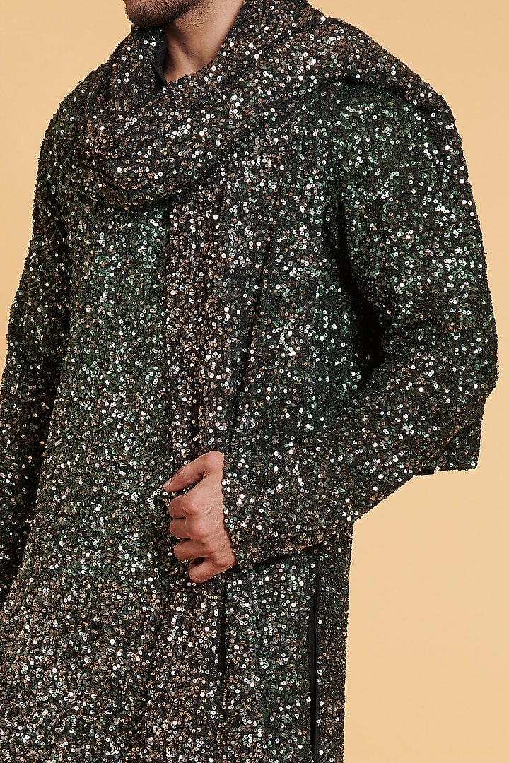 Olive Georgette Sequins Work Kurta Set by Siddartha Tytler Men at Pernia's Pop Up Shop