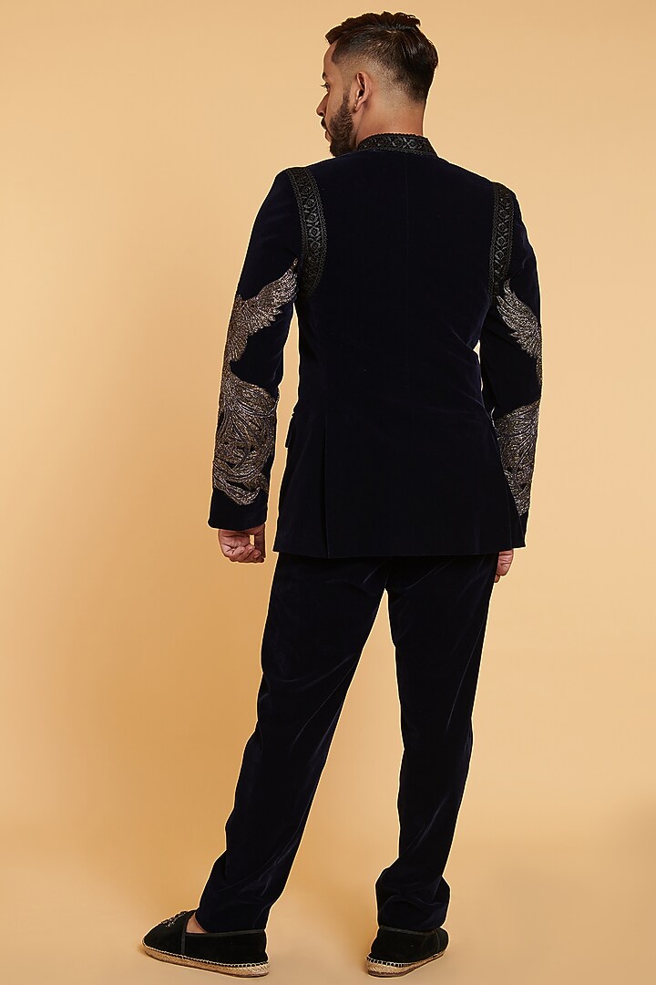 Navy Velvet Dori Embroidered Wedding Bandhgala Set by Siddartha Tytler Men at Pernia's Pop Up Shop