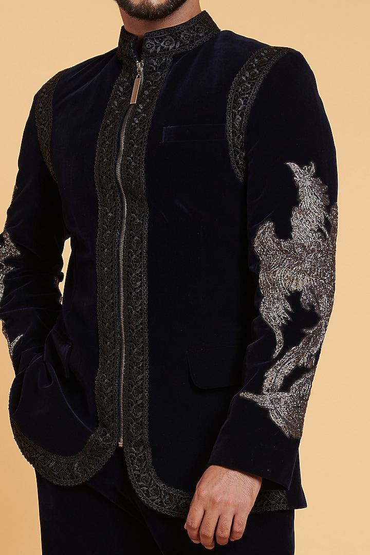 Navy Velvet Dori Embroidered Wedding Bandhgala Set by Siddartha Tytler Men at Pernia's Pop Up Shop