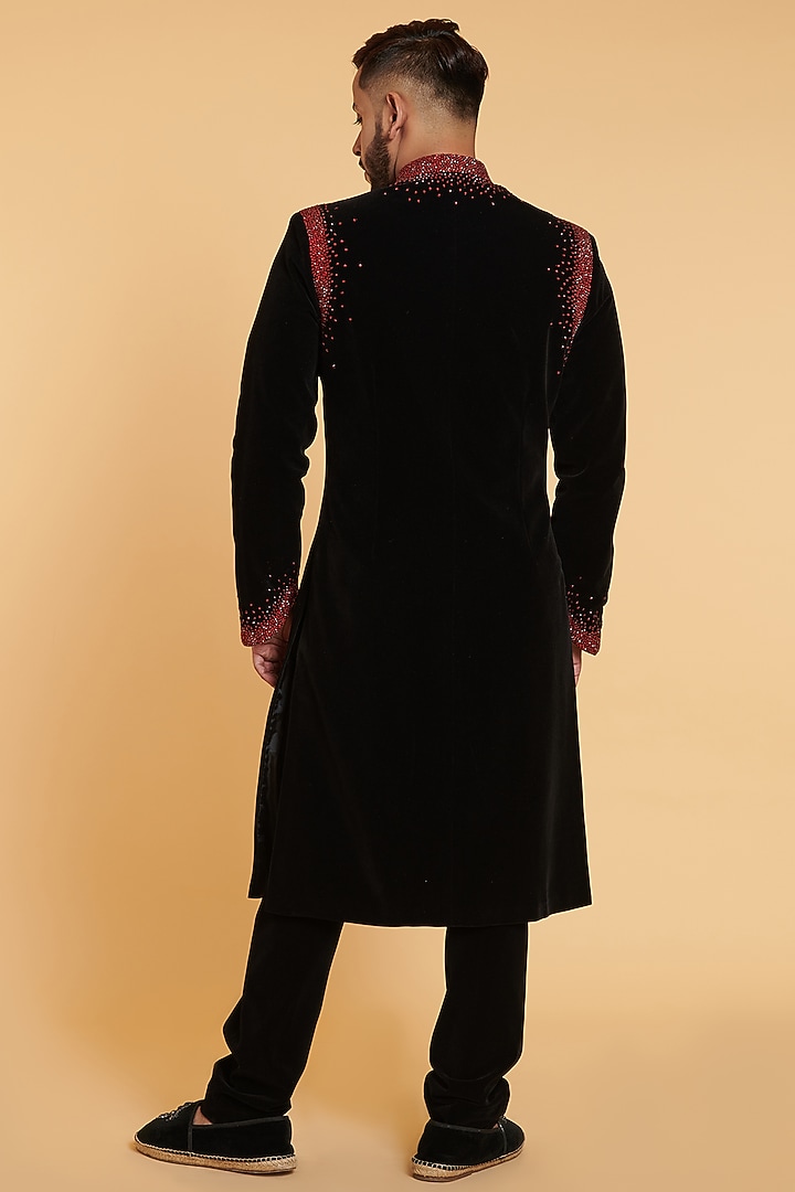 Black Velvet Groom Sherwani Set by Siddartha Tytler Men at Pernia's Pop Up Shop