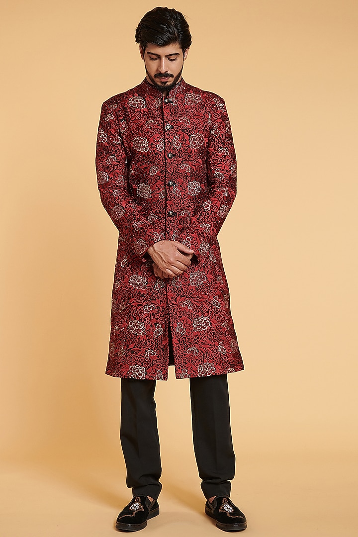 Maroon Silk Sherwani Set by Siddartha Tytler Men