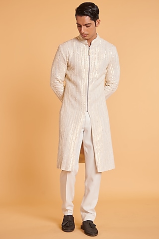 Ivory Matka Silk Embroidered Sherwani Set by Siddartha Tytler Men
