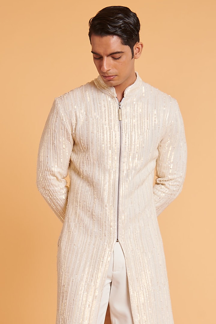 Ivory Matka Silk Embroidered Groom Sherwani Set by Siddartha Tytler Men at Pernia's Pop Up Shop