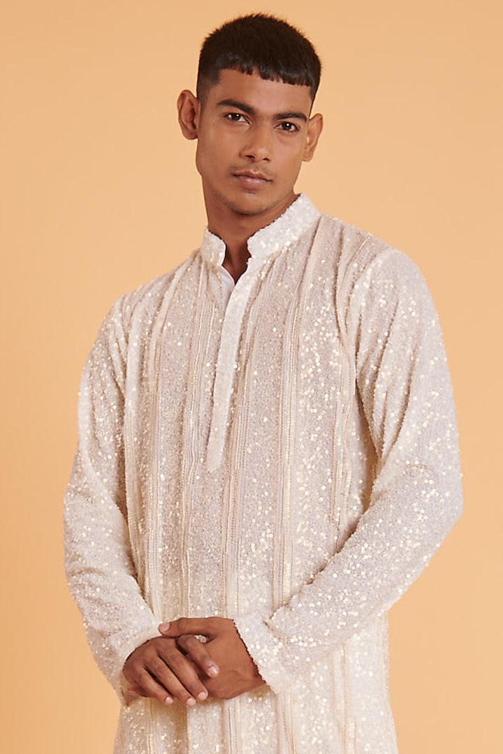 Ivory Georgette Embroidered Kurta Set by Siddartha Tytler Men at Pernia's Pop Up Shop