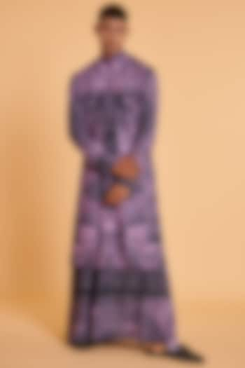 Purple & Black Blended Linen Printed Indowestern Set by Siddartha Tytler Men