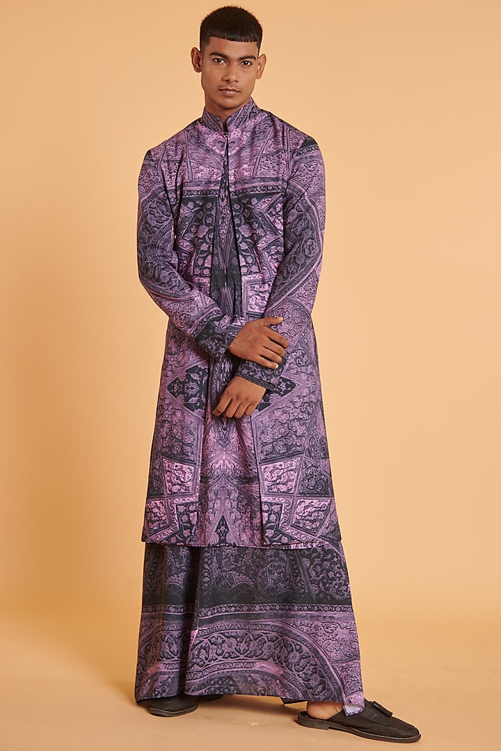 Purple & Black Blended Linen Printed Indowestern Set by Siddartha Tytler Men