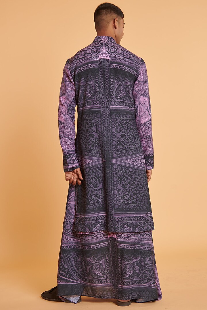 Purple & Black Blended Linen Printed Wedding Indowestern Set by Siddartha Tytler Men at Pernia's Pop Up Shop