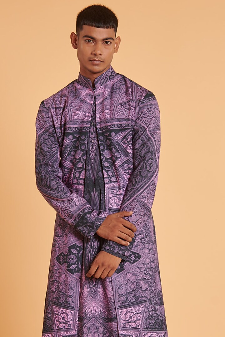 Purple & Black Blended Linen Printed Wedding Indowestern Set by Siddartha Tytler Men at Pernia's Pop Up Shop