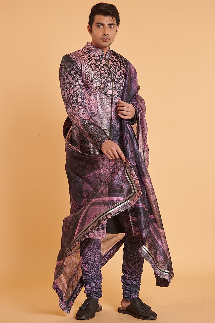 Purple & Black Tafetta Printed Sherwani Set by Siddartha Tytler Men