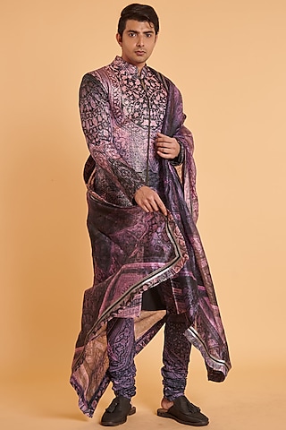 Purple & Black Tafetta Printed Sherwani Set by Siddartha Tytler Men