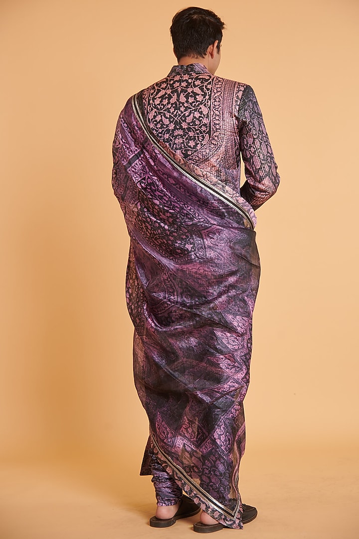 Purple & Black Tafetta Printed Wedding Sherwani Set by Siddartha Tytler Men at Pernia's Pop Up Shop