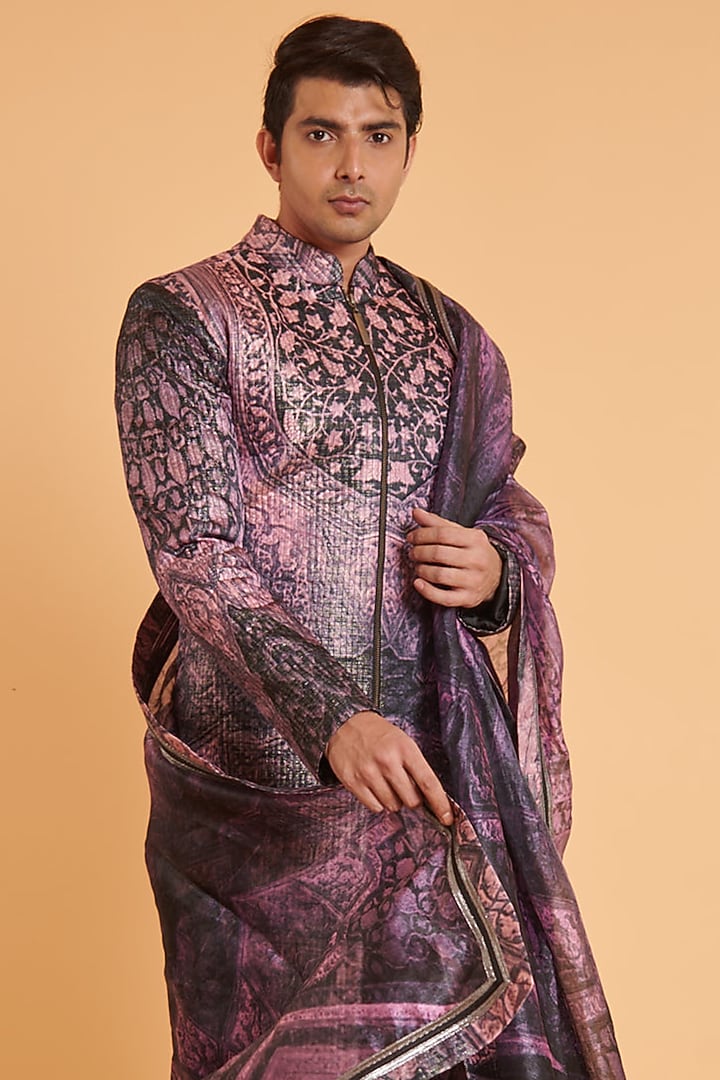 Purple & Black Tafetta Printed Wedding Sherwani Set by Siddartha Tytler Men at Pernia's Pop Up Shop