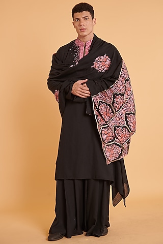 Black Blended Linen Embroidered Dupatta by Siddartha Tytler Men