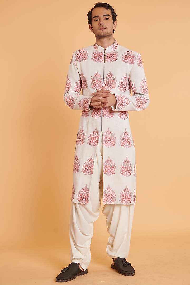 Ivory & Blush Pink Matka Silk Embroidered Groom Sherwani Set by Siddartha Tytler Men at Pernia's Pop Up Shop
