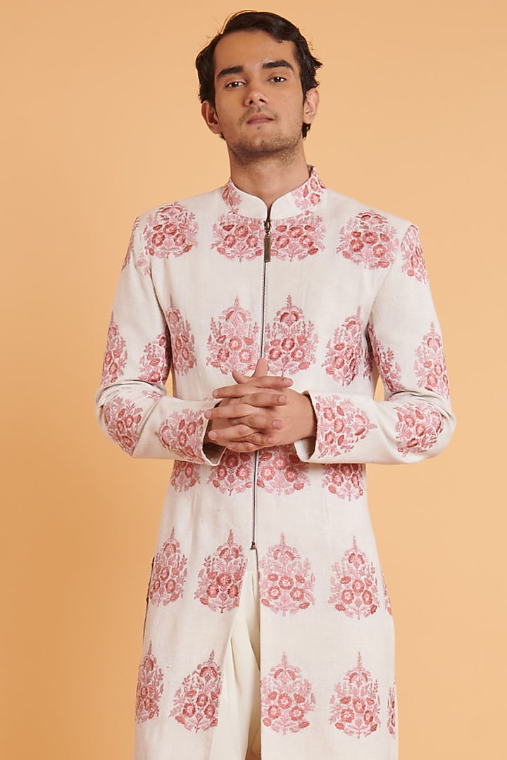 Ivory & Blush Pink Matka Silk Embroidered Groom Sherwani Set by Siddartha Tytler Men at Pernia's Pop Up Shop