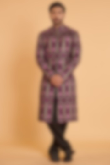 Black & Purple Matka Silk Embroidered Groom Sherwani Set by Siddartha Tytler Men at Pernia's Pop Up Shop