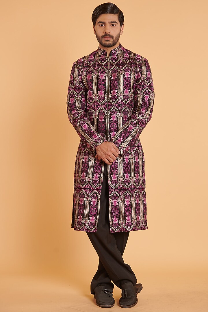 Black & Purple Matka Silk Embroidered Groom Sherwani Set by Siddartha Tytler Men at Pernia's Pop Up Shop