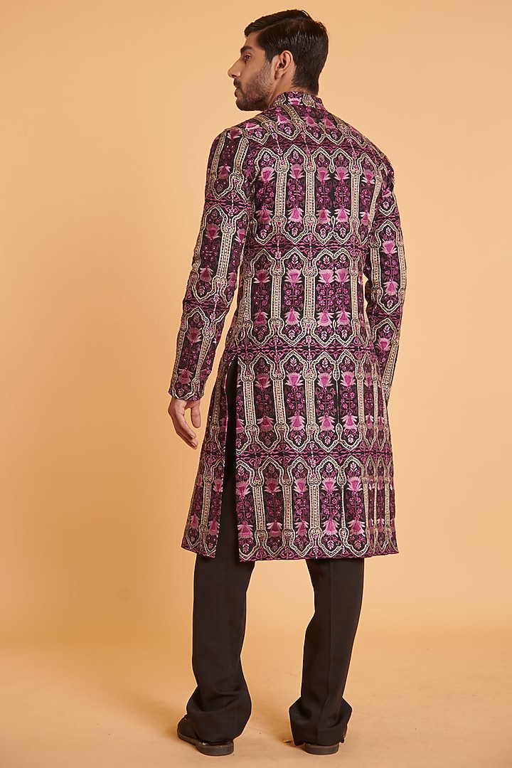 Black & Purple Matka Silk Embroidered Groom Sherwani Set by Siddartha Tytler Men at Pernia's Pop Up Shop