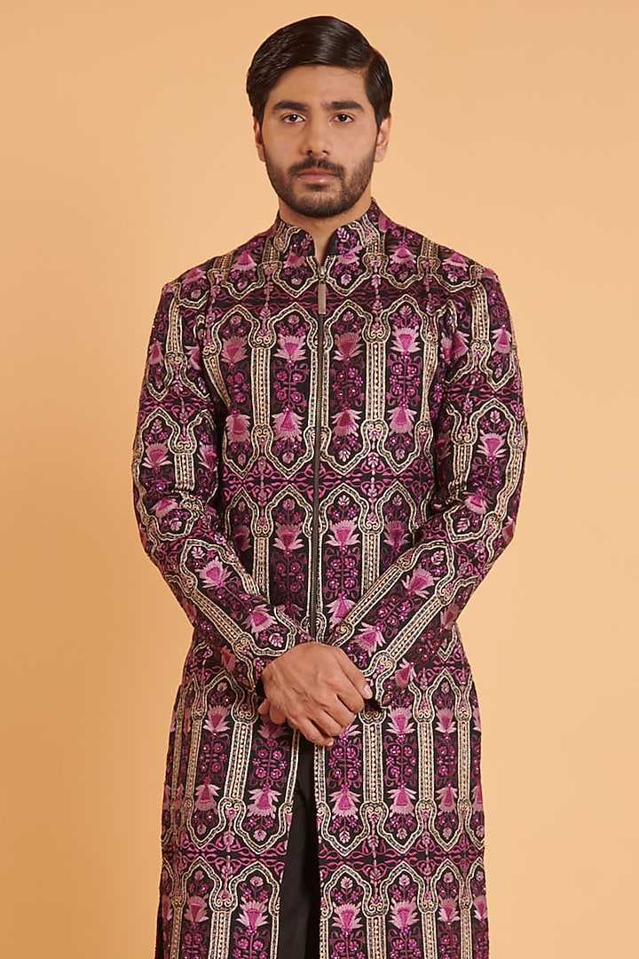 Black & Purple Matka Silk Embroidered Groom Sherwani Set by Siddartha Tytler Men at Pernia's Pop Up Shop