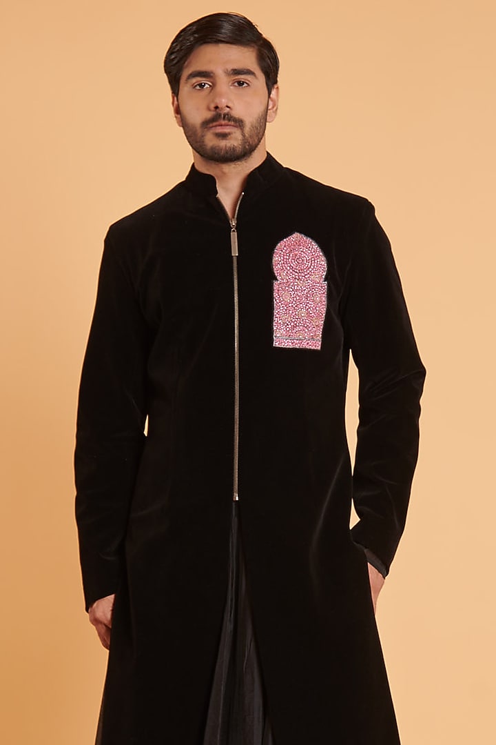 Black Velvet Groom Sherwani Set by Siddartha Tytler Men at Pernia's Pop Up Shop