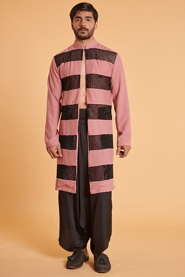 Black & Pink Blended Satin Embellished Achkan Jacket Set by Siddartha Tytler Men