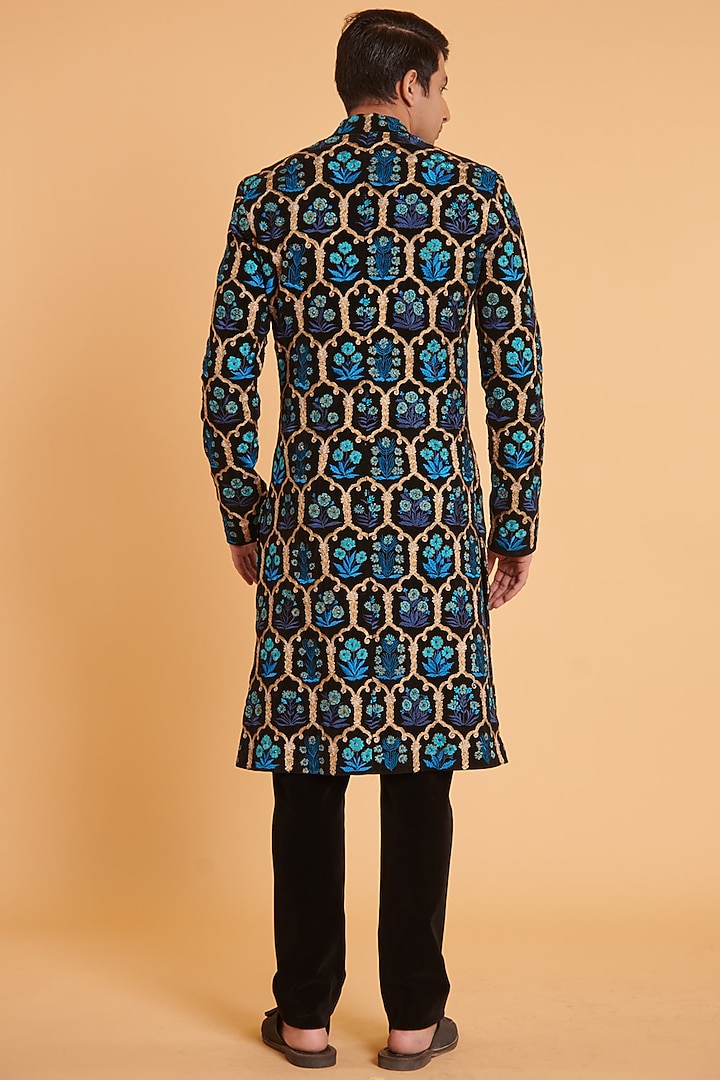 Blue & Black Velvet Embroidered Groom Sherwani Set by Siddartha Tytler Men at Pernia's Pop Up Shop