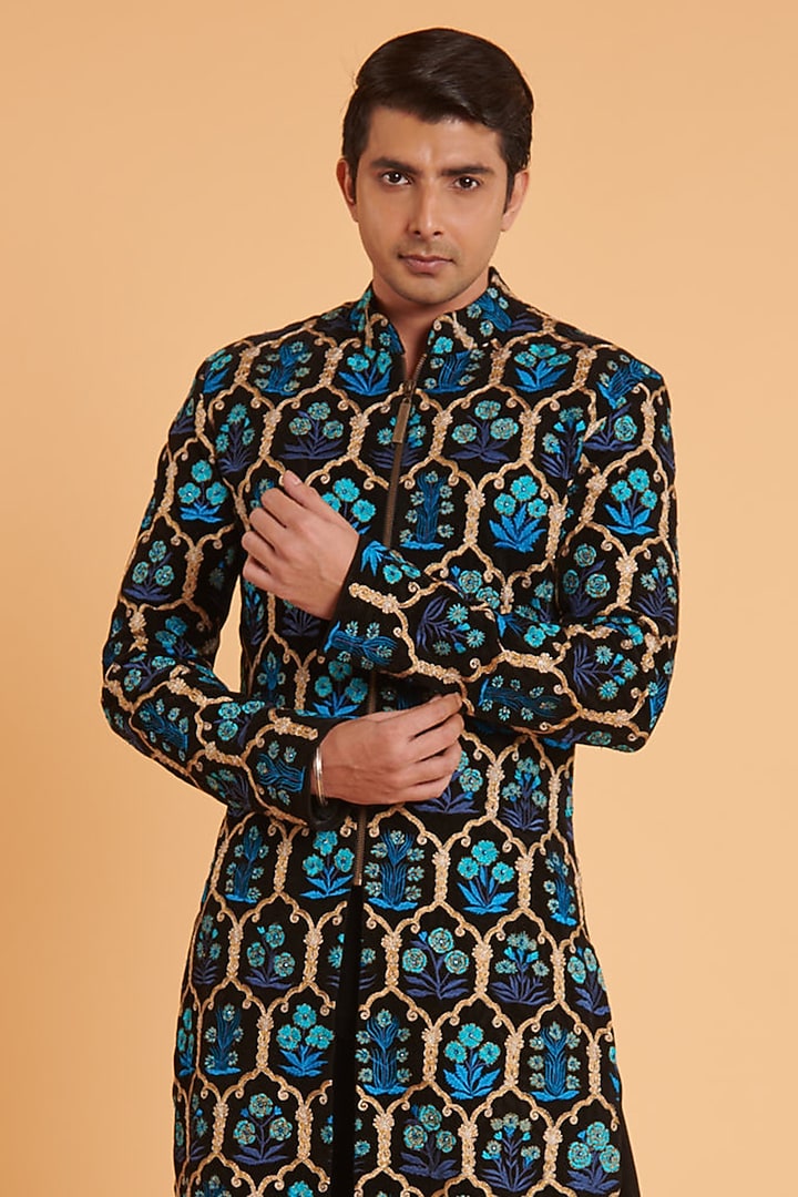 Blue & Black Velvet Embroidered Groom Sherwani Set by Siddartha Tytler Men at Pernia's Pop Up Shop
