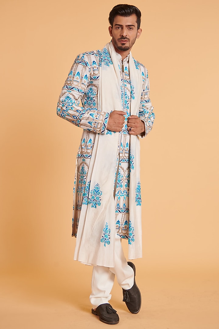 Ivory Matka Silk Embroidered Groom Sherwani Set by Siddartha Tytler Men at Pernia's Pop Up Shop