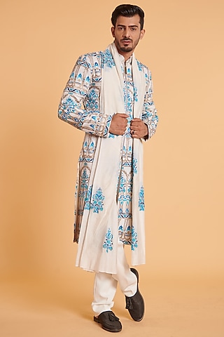 Ivory Matka Silk Embroidered Sherwani Set by Siddartha Tytler Men