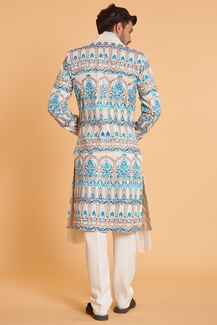 Ivory Matka Silk Embroidered Groom Sherwani Set by Siddartha Tytler Men at Pernia's Pop Up Shop