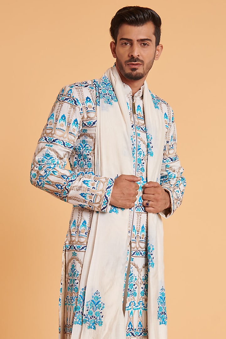 Ivory Matka Silk Embroidered Groom Sherwani Set by Siddartha Tytler Men at Pernia's Pop Up Shop