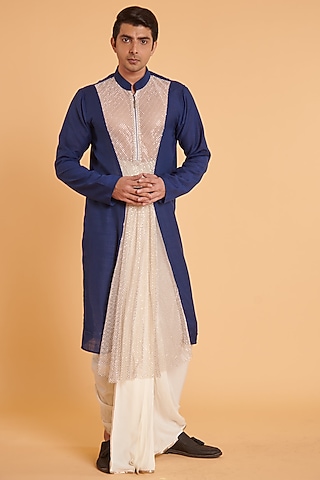 Navy Blue Blended Linen & Crystal Mesh Draped Kurta Set by Siddartha Tytler Men