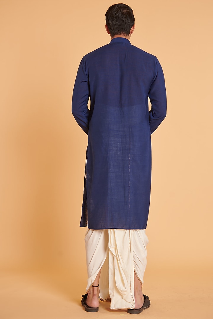 Navy Blue Blended Linen & Crystal Mesh Draped Kurta Set by Siddartha Tytler Men at Pernia's Pop Up Shop