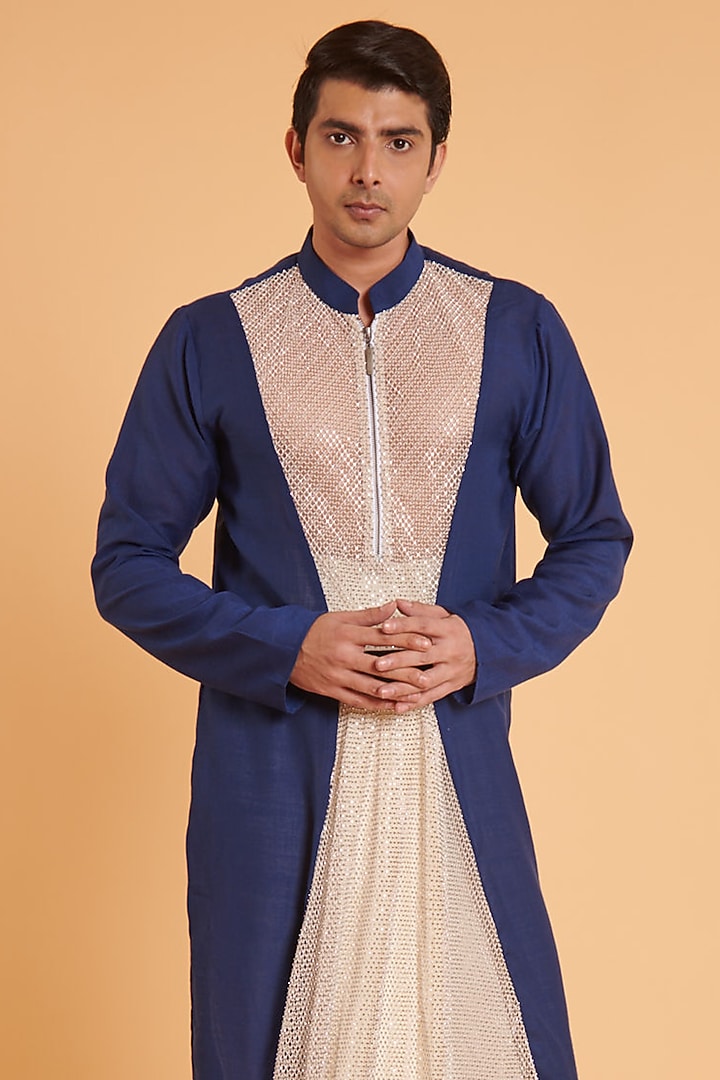 Navy Blue Blended Linen & Crystal Mesh Draped Kurta Set by Siddartha Tytler Men at Pernia's Pop Up Shop