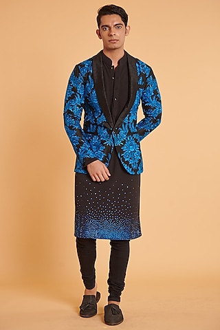 Black Tussar Embroidered Blazer Set by Siddartha Tytler Men