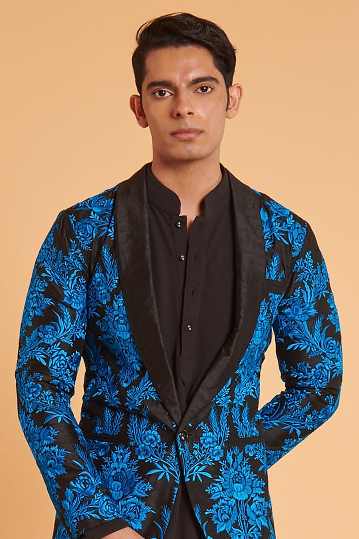 Black Tussar Embroidered Blazer Set by Siddartha Tytler Men at Pernia's Pop Up Shop