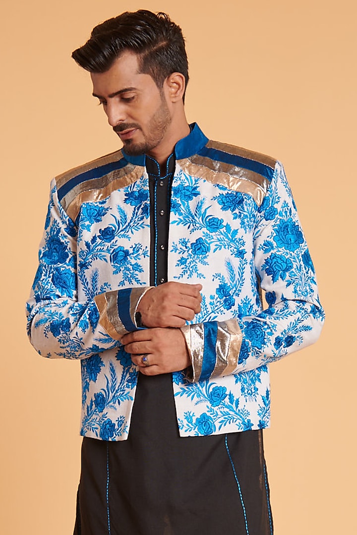Ivory Matka Silk Embroidered Cropped Jacket by Siddartha Tytler Men