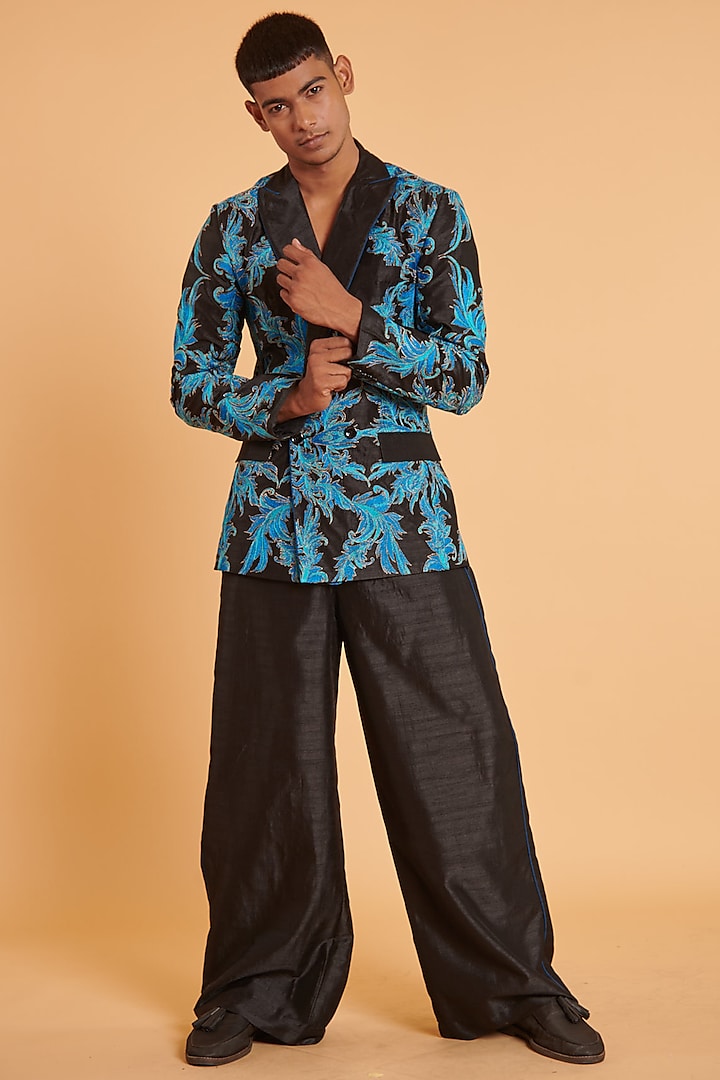 Black Tussar Embroidered Blazer Set by Siddartha Tytler Men