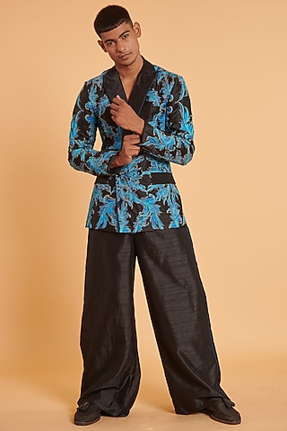 Black Tussar Embroidered Blazer Set by Siddartha Tytler Men