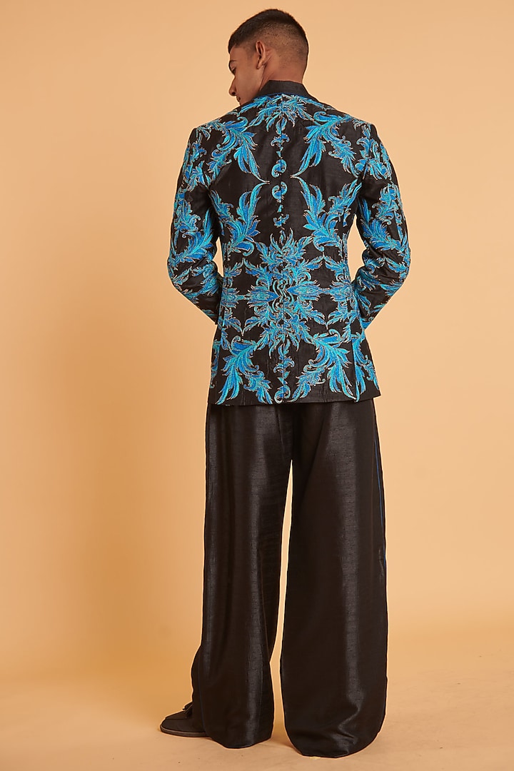Black Tussar Embroidered Blazer Set by Siddartha Tytler Men at Pernia's Pop Up Shop