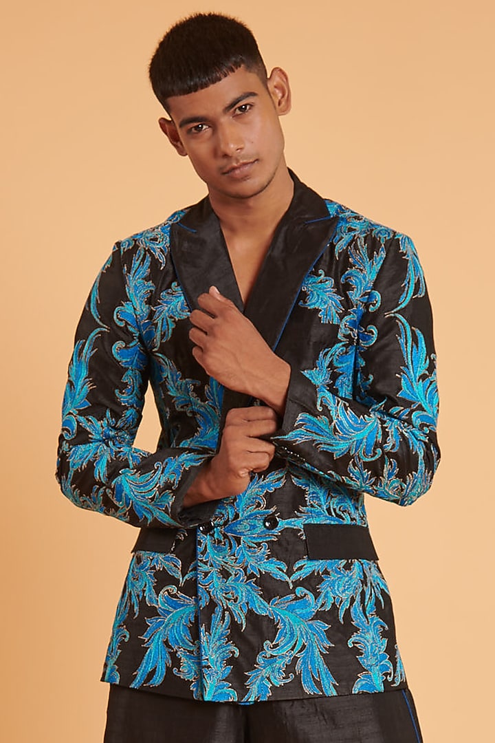 Black Tussar Embroidered Blazer Set by Siddartha Tytler Men at Pernia's Pop Up Shop
