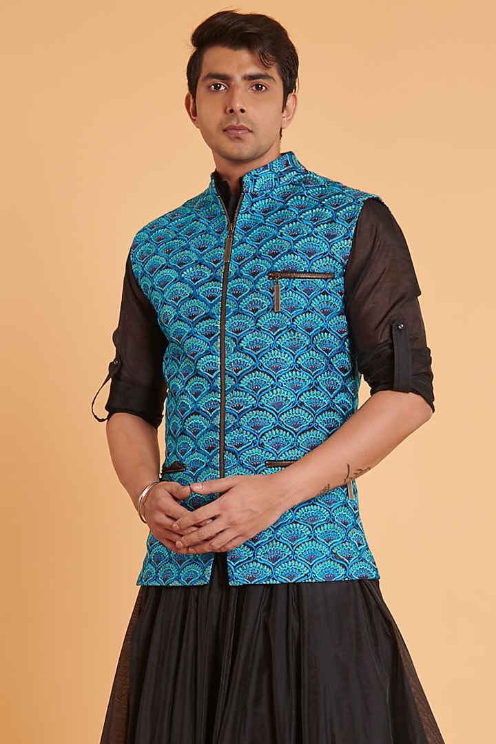 Blue Matka Silk Embroidered Bundi Jacket by Siddartha Tytler Men at Pernia's Pop Up Shop