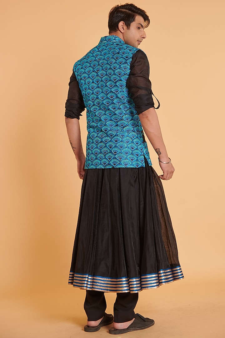 Blue Matka Silk Embroidered Bundi Jacket by Siddartha Tytler Men at Pernia's Pop Up Shop