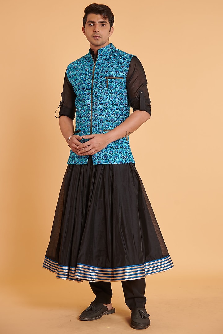 Blue Matka Silk Embroidered Bundi Jacket by Siddartha Tytler Men at Pernia's Pop Up Shop