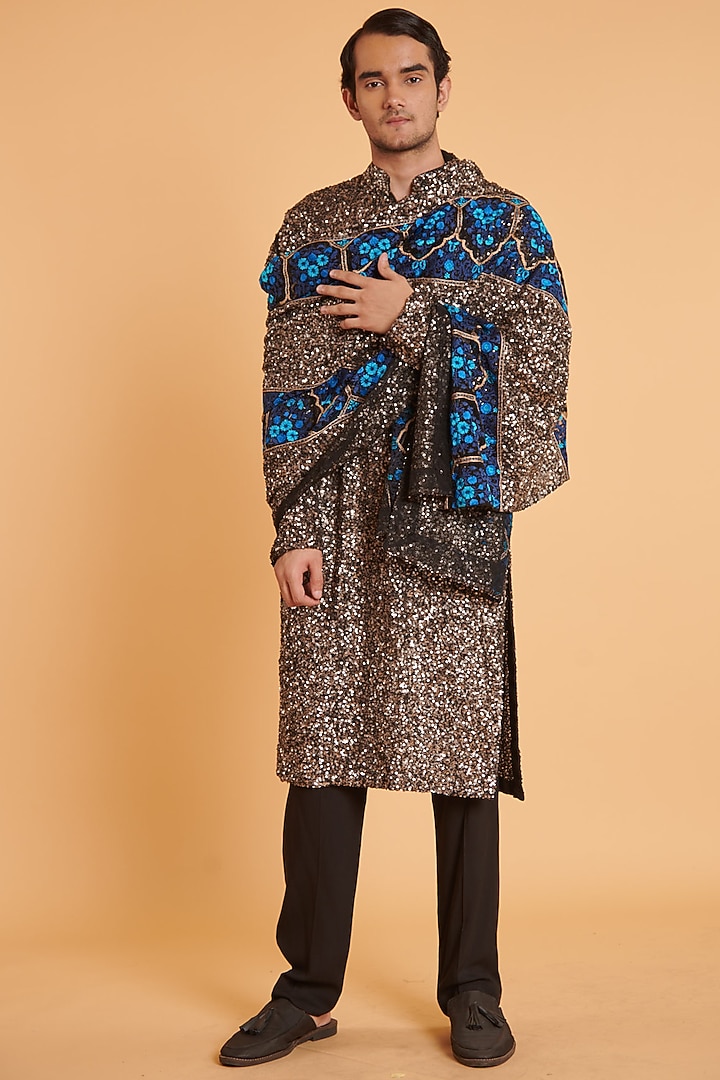 Gunmetal Georgette Embroidered Kurta Set by Siddartha Tytler Men at Pernia's Pop Up Shop