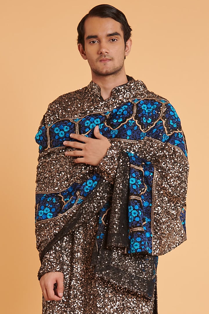 Gunmetal Georgette Embroidered Kurta Set by Siddartha Tytler Men at Pernia's Pop Up Shop