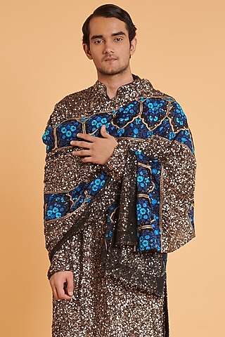 Gunmetal Georgette & Net Embroidered Dupatta by Siddartha Tytler Men